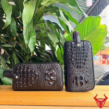 Túi Clutch Hộp Xách Tay 2 Ngăn Kéo Da Cá Sấu Gù Lưng CGA4 Màu Nâu Đen