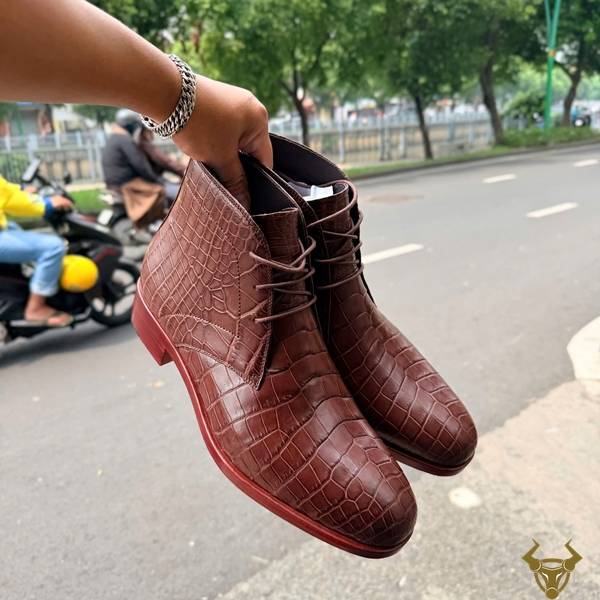 Mẫu giày boot nam da bụng cá sấu thật màu nâu GJBA8
