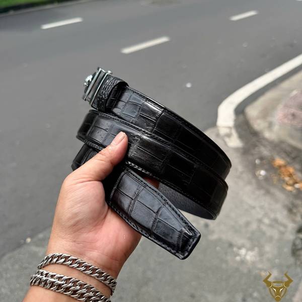Thắt lưng da bụng cá sấu bản 3.5cm màu đen khóa tự động TLA9B2