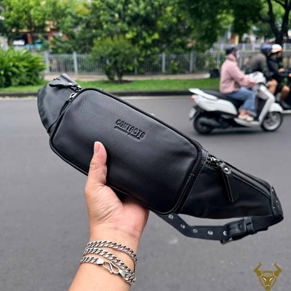 Túi Da Bò Contact34 Nam Màu Đen Đa Năng Túi bao tử nam Contact34 da bò màu đen cá tính