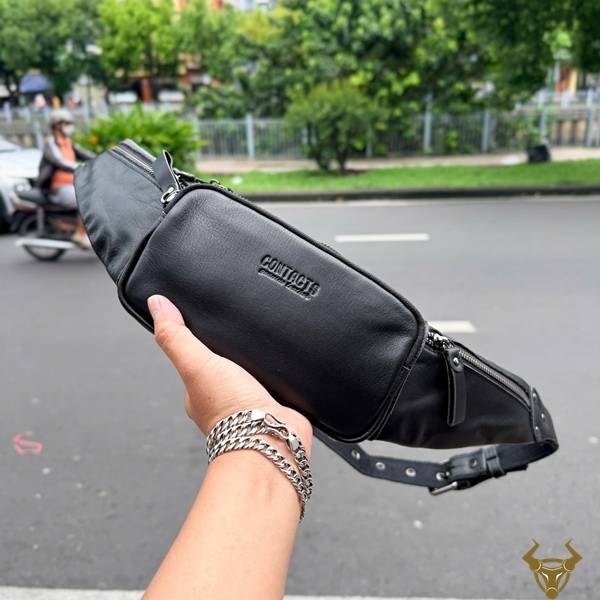 Túi Da Bò Nam Contact34 Màu Đen Thời Trang Cao Cấp Túi bao tử nam Contact34 màu đen da bò sang trọng