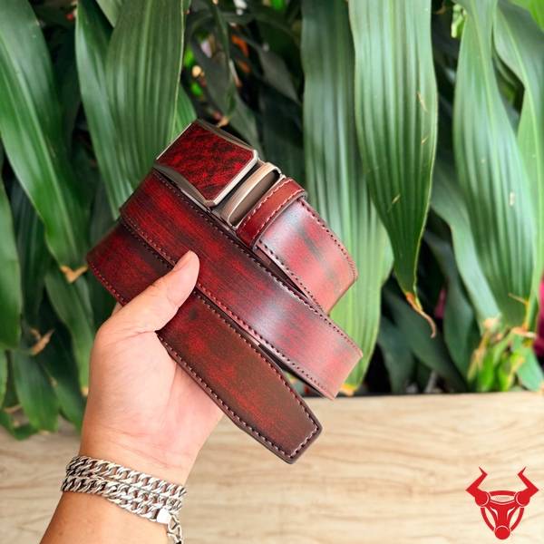 Thắt Lưng Da Bò TLRN21 Khóa Ray Trượt Tiện Dụng Thắt lưng nam TLRN21 da bò đỏ rượu khóa ray trượt tự động tiện dụng