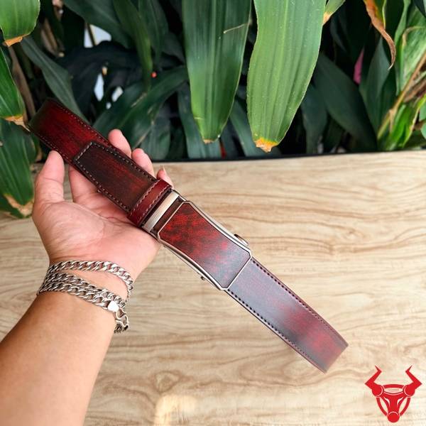 Thắt Lưng Da Bò Nam TLRN21 Đỏ Rượu Bền Đẹp Thắt lưng nam da bò khóa ray trượt tự động màu đỏ rượu TLRN21 cao cấp