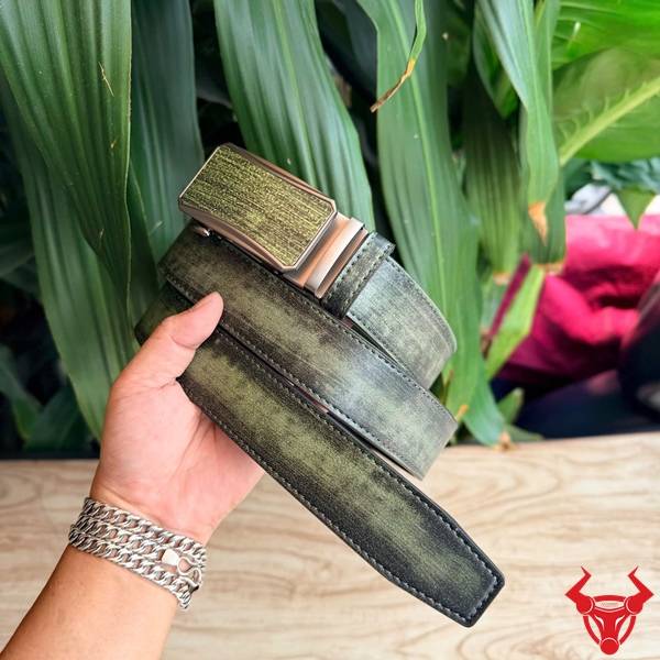 Thắt lưng nam da bò màu xanh lá TLRN21 khóa ray trượt cao cấp