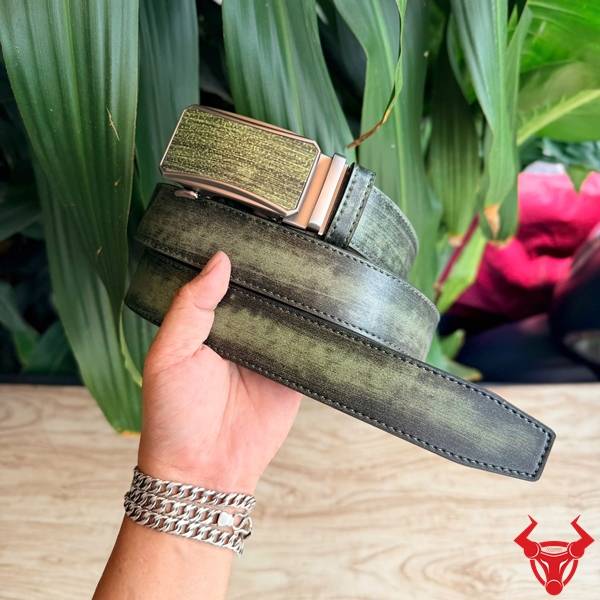 Thắt lưng nam TLRN21 da bò xanh lá phối màu độc đáo khóa ray trượt