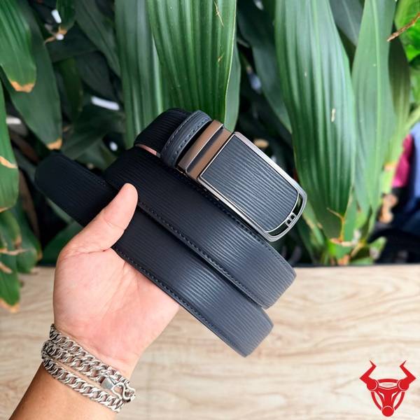 Thắt Lưng Da Bò TLRN22 Đen Khóa Ray Trượt Thời Thượng Thắt lưng nam TLRN22 da bò vân sọc màu đen phong cách thời thượng