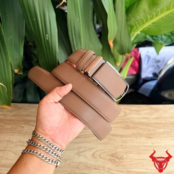 Thắt lưng da bò nam TLRN22 vân sọc nâu be khóa ray trượt đa dụng